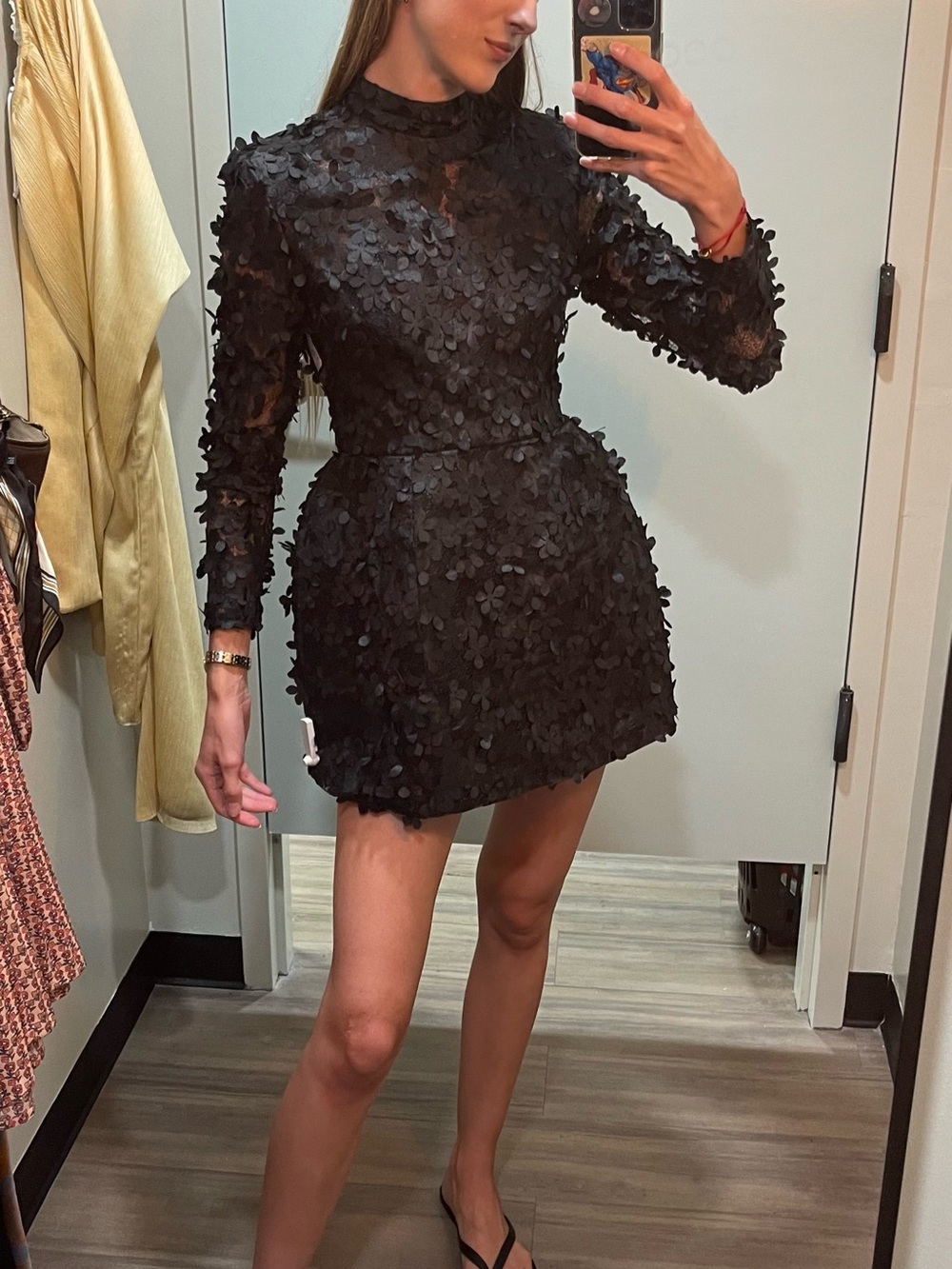 BCBG Black 3D Floral Long-Sleeve Mini Dress